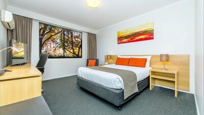 Deluxe Room interior with views of tree tops