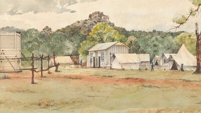 Watercolor painting of a bush camp with tents and a small shack