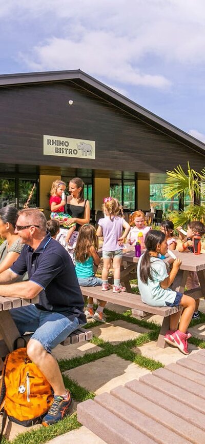 Guests and families enjoying the dining area at the Rhino Bistro / cafe