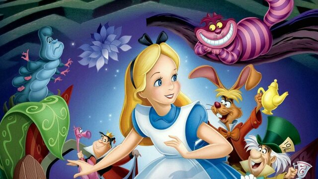Alice in Wonderland – Thu 9 Oct, 1:00 PM Animation of young girl with blonder hair, blue dress and bow in her hair, surrounded by animals