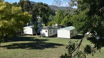 Adelong Golden Gully Caravan Park cabins from up the hill, looking towards the town of Adelong