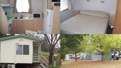 Internal & External cabin, and camping area at Adelong Golden Gully Caravan Park.