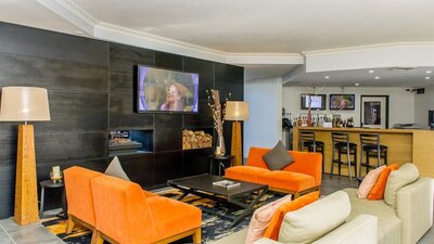 Lobby interior with sofas, a gas fire and the bar