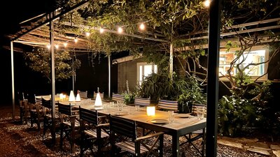 Very long outdoor dining table with candles, lanterns at night.  string of lights & vines overhead