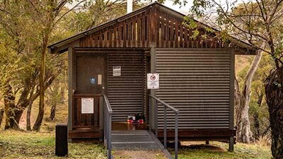 Exterior of toilet at Blue Waterholes campground, High Plains area of Kosciuszko National Park.