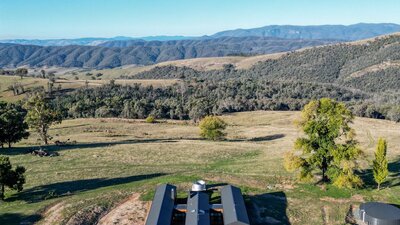 A drone shot looking towards the east over the farm stay.