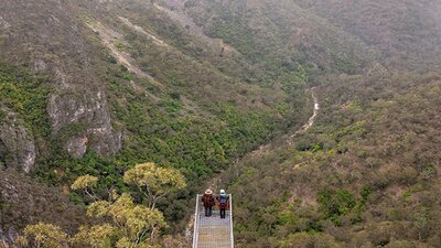 People admiring the views from The Lookdown lookout in Bungonia National Park. Photo: John