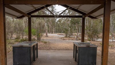 The barbecue facilities under shelter at Bungonia campground. Photo: John Spencer/DCCEEW &copy;