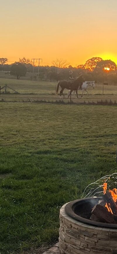 paved patio area with firepit and horses in background