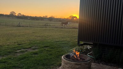 paved patio area with firepit and horses in background