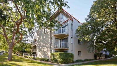 Hotel exterior surrounded by big leafy trees