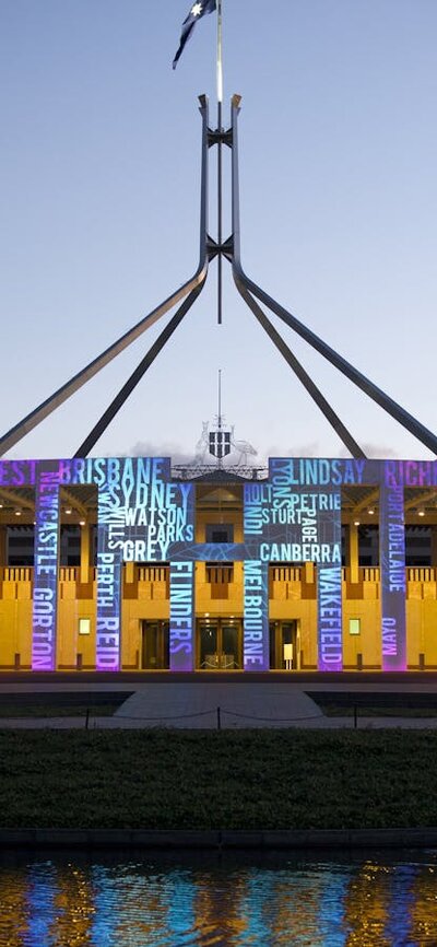 Image showing lighting projections on the front of Parliament House 