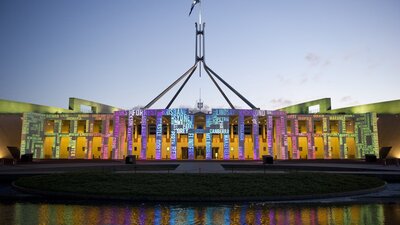 Image showing lighting projections on the front of Parliament House 