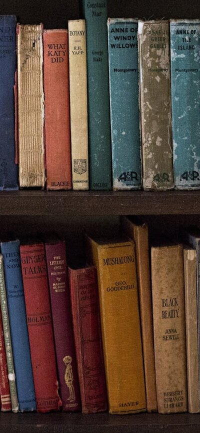 a book shelf filled with old publications