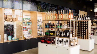 Display cabinets of local wines, beers and spirits for sale
