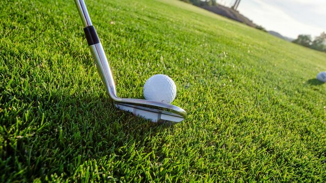 Golf club lining up shot on golf ball on green grass
