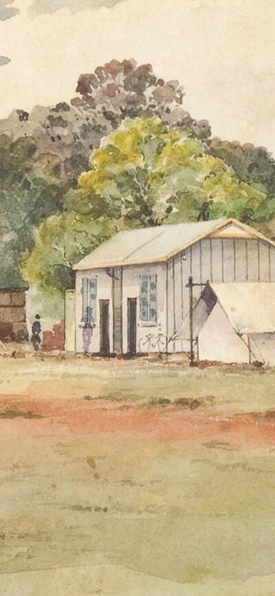 Watercolor painting of a bush camp with tents and a small shack