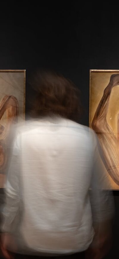 A person observing two paintings of bull carcass' by Sidney Nolan at Canberra Museum + Gallery