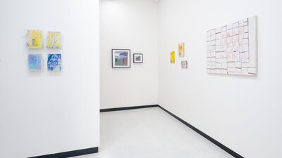 Works by Raquel Ormella, Kirsten Farrell, Merryn Lloyd and Vivienne Binns OAM in Exhibition No.1 Photo of paintngs installed in gallery