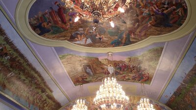 Ceiling murals and chandeliers