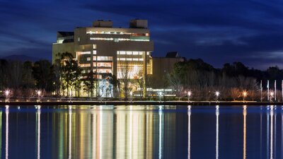 High Court of Australia at night from across Lake Burley Griffin