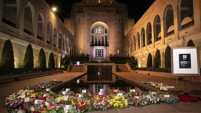 Commemorative Area at the Australian War Memorial Wreaths and the pool of reflection in the Commemorative Area at the Australian War Memorial