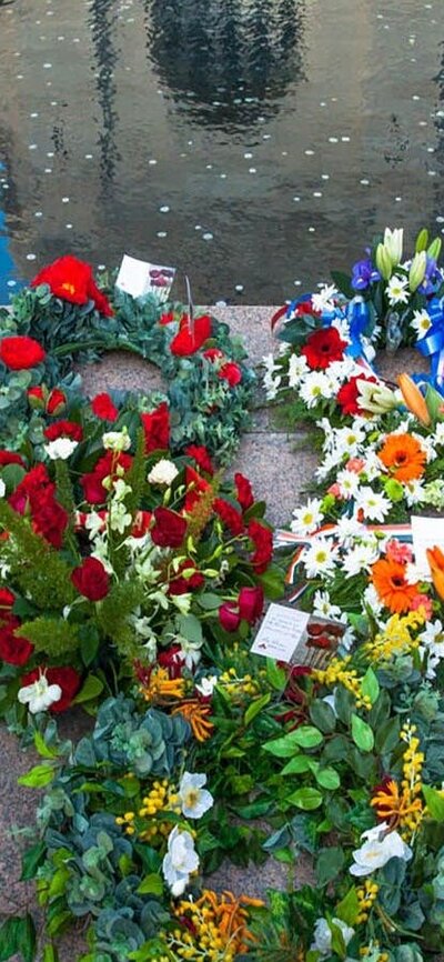 Wreaths laid at the Pool of Reflection at the Australian War Memorial Wreaths laid at the base of the Pool of Reflection at the Australian War Memorial