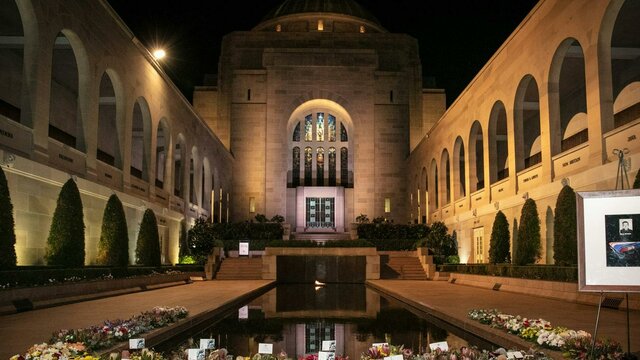 Commemorative Area at the Australian War Memorial Wreaths and the pool of reflection in the Commemorative Area at the Australian War Memorial