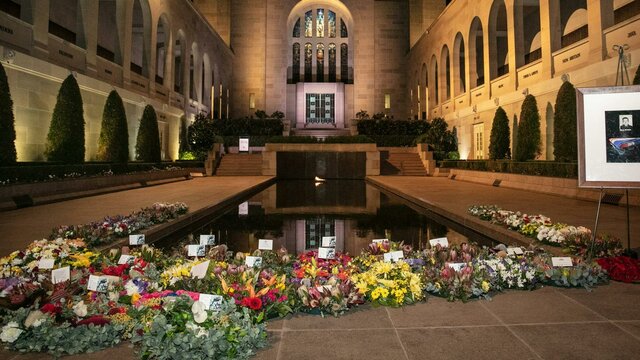 Commemorative Area at the Australian War Memorial Wreaths and the pool of reflection in the Commemorative Area at the Australian War Memorial