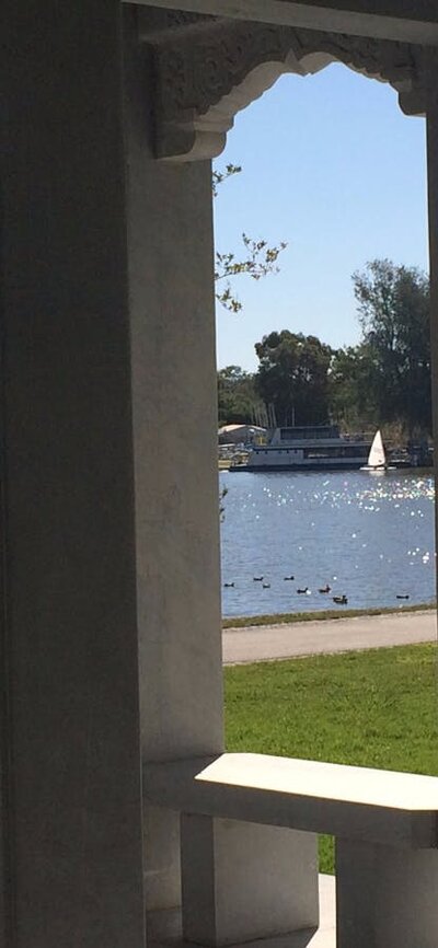 Views from the Chinese pavilion in the Beijing Garden towards Lotus Bay