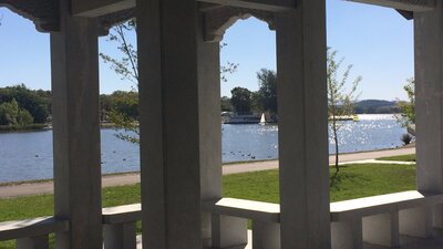 Views from the Chinese pavilion in the Beijing Garden towards Lotus Bay