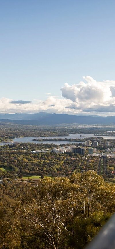 Couple looking out over Canberra from the lookout