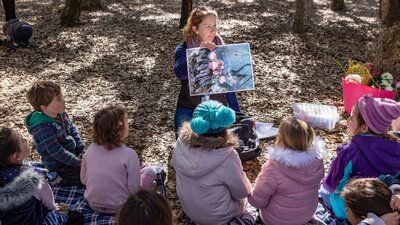 children listening to a story in the forest