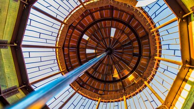 looking up from inside a playground acorn pod to see feature roof