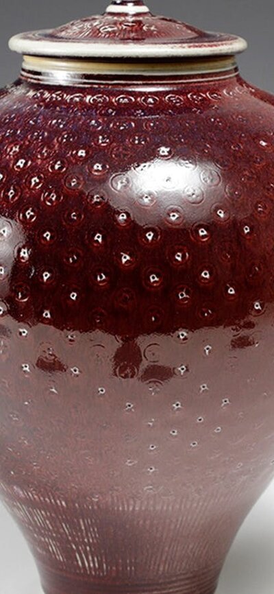 Copper Red Jar carved decoration by Malcolm Cooke Hand made stoneware fired in the wood fired kiln MC Copper red jar