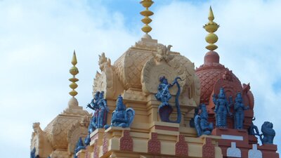 Statues and spires atop the Vishni Siva Mandir Temple and Library