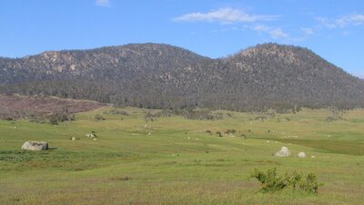 View of ranges with expansive grasslands in the foreground