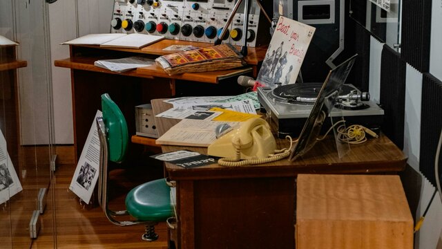 A mock 2XX radio studio on display 2XX People-Powered Radio - Celebrating 50 years at CMAG