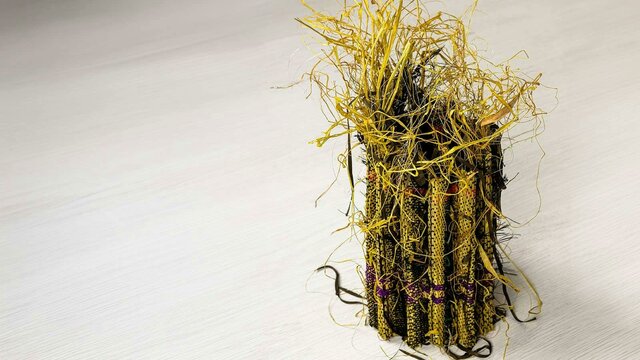 Liz Perry, Encircled, 2023 A small sculptural raffia weaving in yellow and black