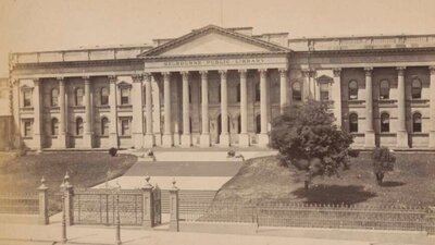 James N. Vickers, Public Library, Melbourne, Victoria, c. 1879, nla.gov.au/nla.obj-501530595 A sepia photograph of the Public Library in Melbourne in 1879.