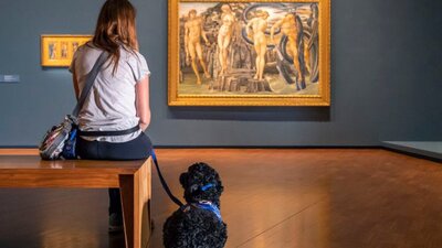 Girl sitting with support dog in gallery