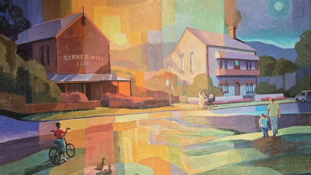 Jenny Sheppard Colourful oil painting featuring a street, people and an iconic building - Byrne's Mill