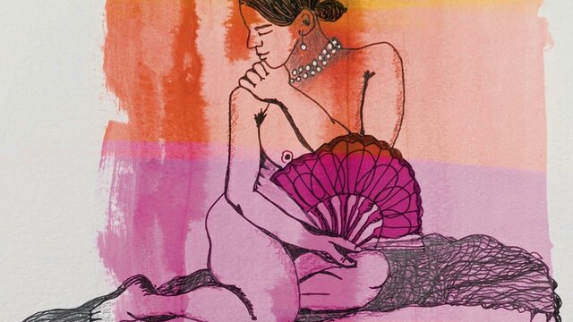 Bobby Graham, Behind the Fan, pen, ink and digital colour line drawing of nude model holding pink fan