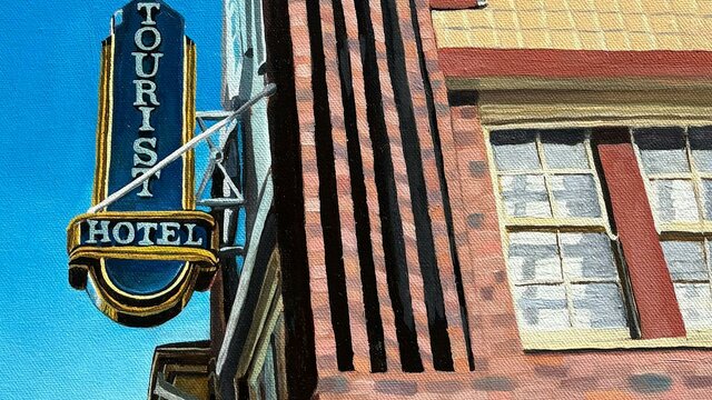 Kirsty Dixon, Everyone, and No one is a Tourist, 2026, 30cm x 40cm, Oil on Canvas realistic oil painting of Tourist Hotel pub in Queanbeyan