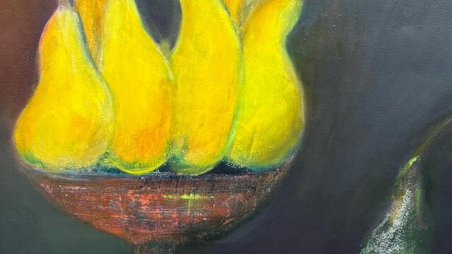 David Chatto, Untitled painting painting of yellow pears in a fruit bowl. A blackened pear sits beside it.