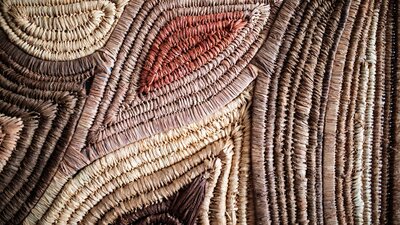 A detailed image of a woven artwork made by natural & studio dyed raffia, hair, fishing line & wood