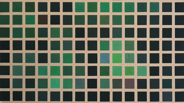 Katrina Barter, The Fountain, 2024 A painting depicting a grid of different shades of green squares on an unprimed canvas