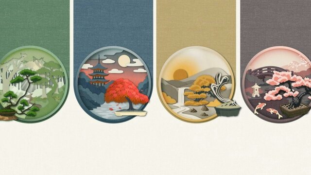 Four artistic depictictions of bonsai trees infront of traditional Japanese icons