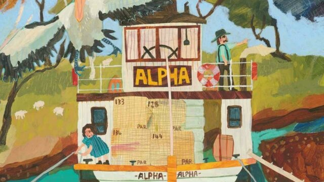 Illustration of a boat named 'ALPHA' with people and birds around.