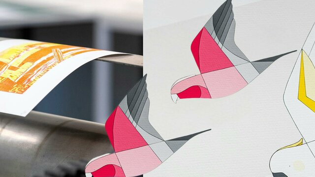 printing press with 2d galahs and cockatoo flying over